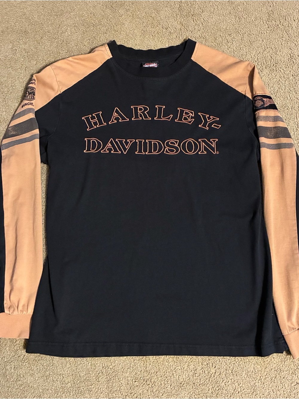 Harley-Davidson Long Sleeve Shirt Black and Tan Raglan Sleeve Motorcycle Biker L